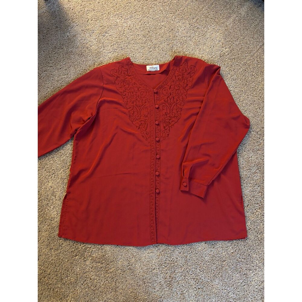 Vintage Blouse Womens 3X* Red V-Neck Button Down Embroidery Holiday